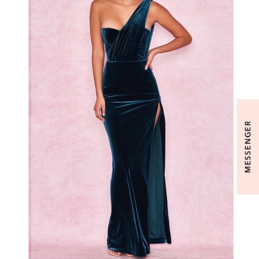 House of CB Teal Velvet One shoulder Maxi dress